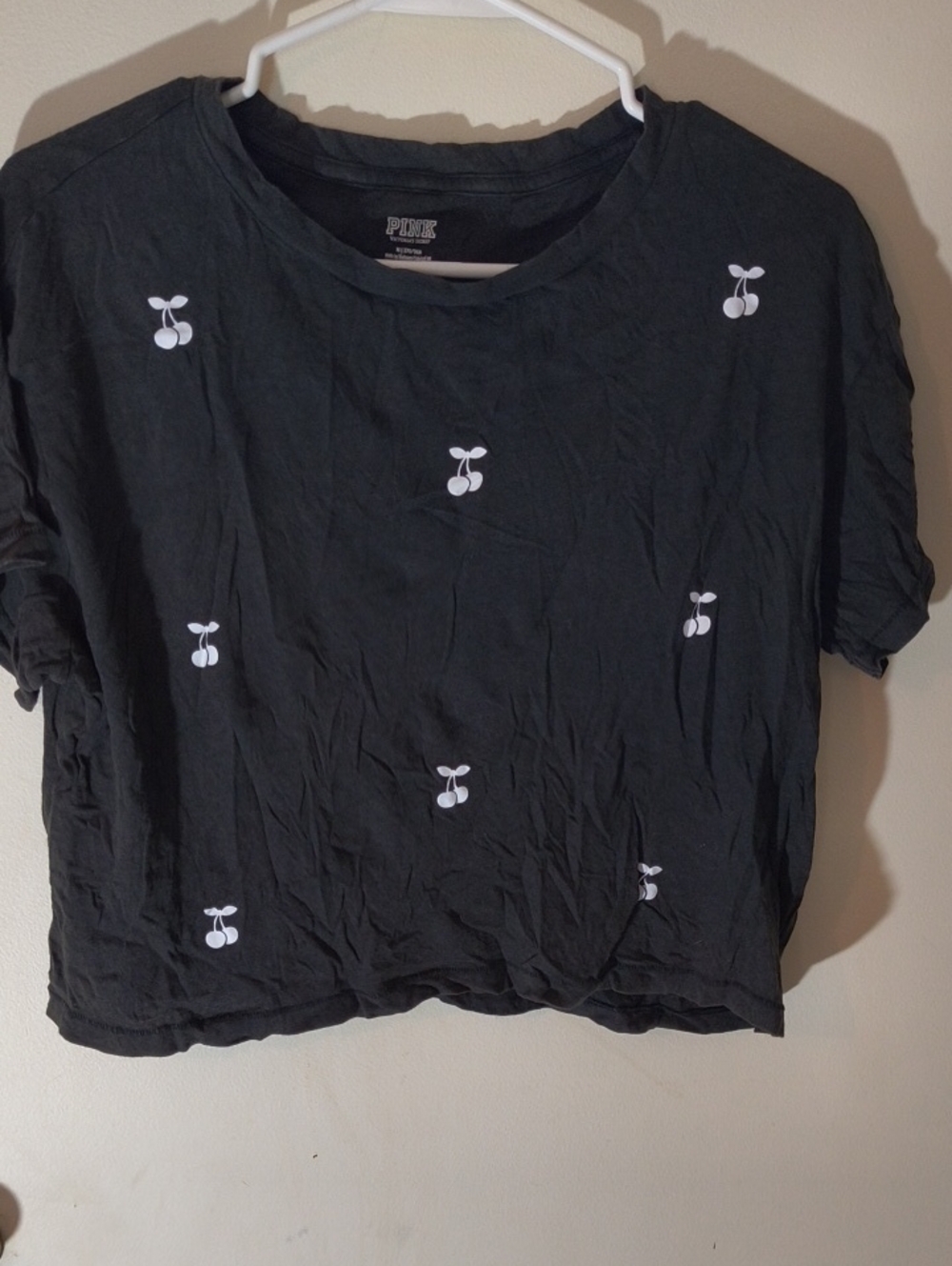 PINK Victoria's Secret Black Crop Top with White Cherry Embroidery